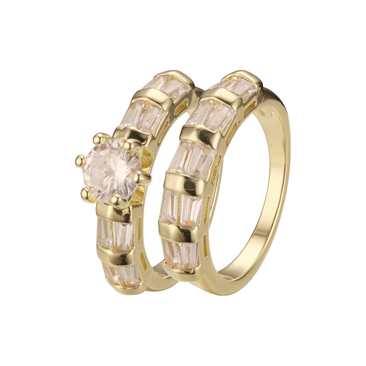 Anéis duplos empilháveis com corte de esmeralda colorido banhados em ouro 14K