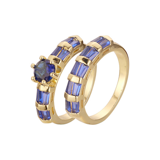 Anéis duplos empilháveis com corte de esmeralda colorido banhados em ouro 14K