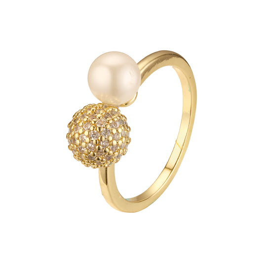 时尚珍珠，白色 cz 玫瑰金球，14K 金戒指