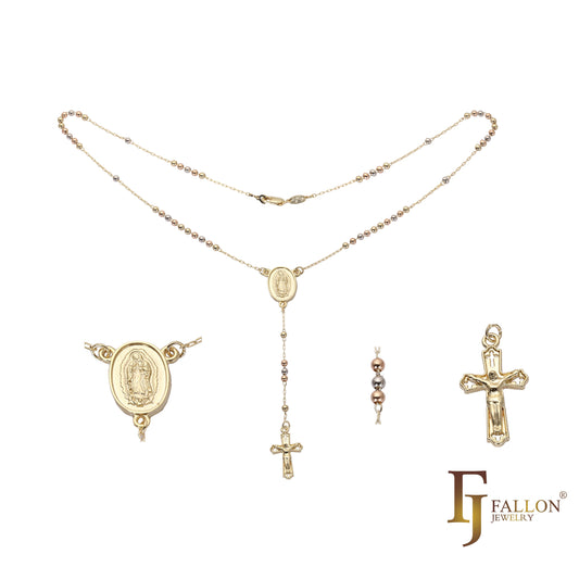 Katholische Rosenkranz-Halskette der italienischen Jungfrau von Guadalupe, vergoldet mit 14 Karat Gold, 14 Karat Gold zweifarbig
