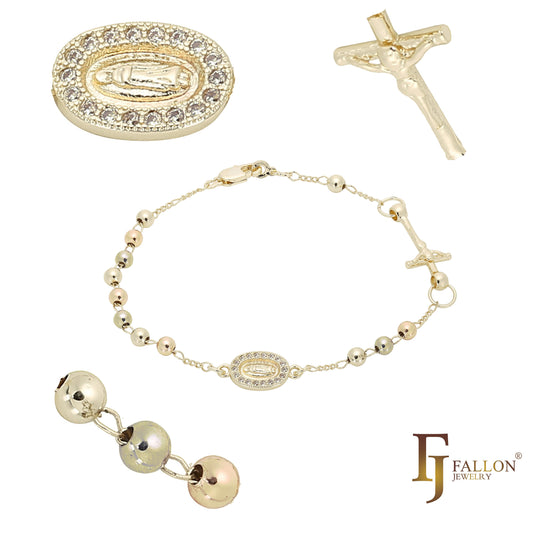 Katholische Rosenkranz-Halskette der italienischen Jungfrau von Guadalupe, vergoldet mit 14 Karat Gold, 18 Karat Gold zweifarbig