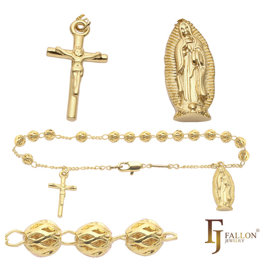 イタリアのグアダルーペの聖母、十字架クロス付きカトリック ロザリオ ネックレス、18K ゴールド、14K ゴールド、14K ゴールド ツートンメッキ