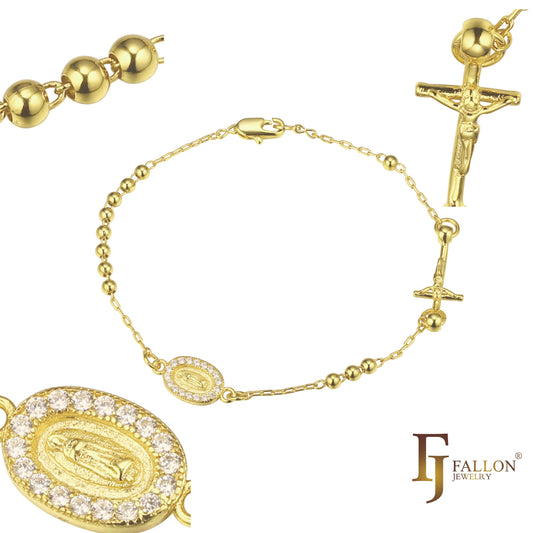 意大利瓜达卢佩圣母天主教念珠项链镀白金，14K 金