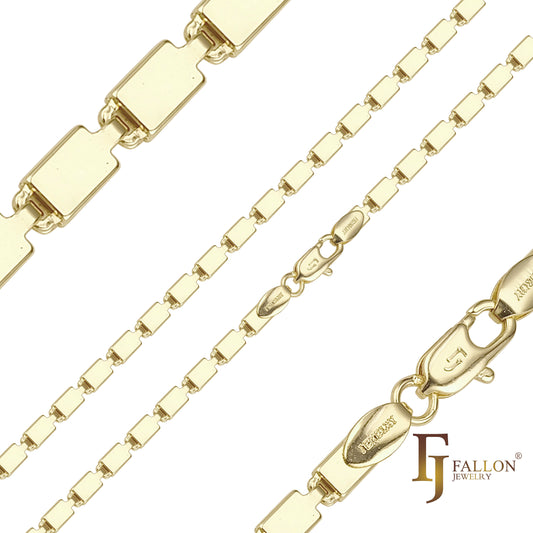 Удлиненные цепочки с необычными звеньями, покрытыми золотом 14 карат и двухцветным розовым золотом.