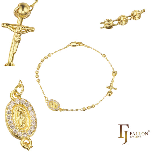 意大利瓜达卢佩圣母天主教念珠项链镀白金、14K 金、14K 金两色