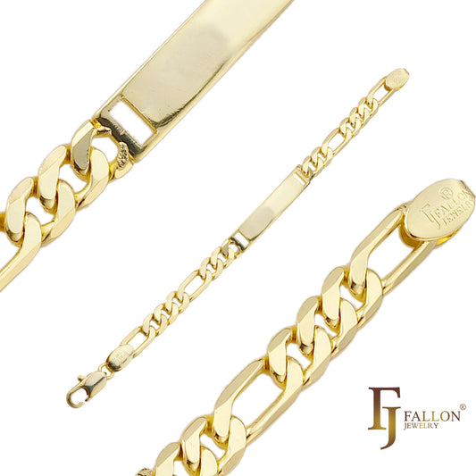 Pulseras de identificación para hombre de oro de 14 quilates brillante grabable con eslabones Figaro