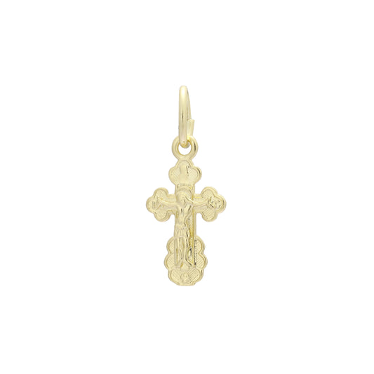 Colgante de cruz católica en flor con baño de Oro 14K, oro rosa y oro blanco.
