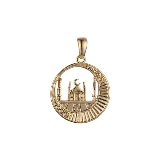 Pingente islâmico da lua e do templo em ouro 14K, ouro rosa e ouro branco