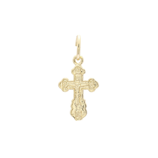 Colgante de cruz católica en flor con baño de Oro 14K, oro rosa y oro blanco.
