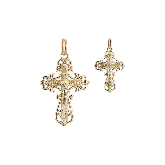 Colgante cruz católica con capullo en Oro 14K, Oro Rosa bicolor, baño de Oro Blanco en colores