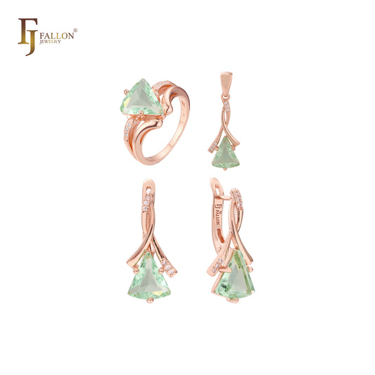 Conjunto de joyería de oro rosa con colgante y anillos de circonita verde manzana y solitario triangular