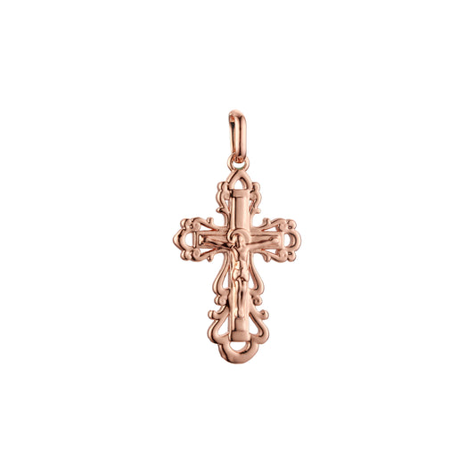 Pingente de cruz católica em ouro rosa e cores banhadas a ouro 14K