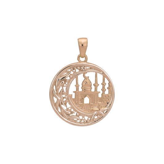Pingente islâmico da lua e do templo em ouro 14K, ouro rosa com duas cores de revestimento