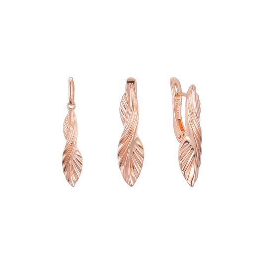 Elegante conjunto de joyas de oro rosa con hojas retorcidas y colgante