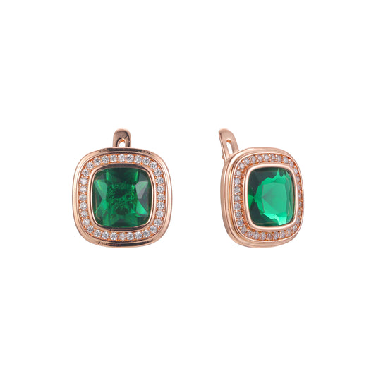 Solitaire emerald halo cushion cut CZ Rose Gold earrings