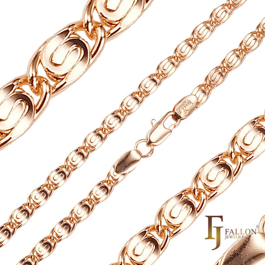 Correntes clássicas de elos de caracol achatadas banhadas em ouro 14K, ouro rosa, ouro branco, ouro 18K