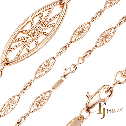 Beads cadenas de eslabones de filigrana de red de fantasía chapadas en oro blanco, Oro 14K, oro rosa, dos tonos