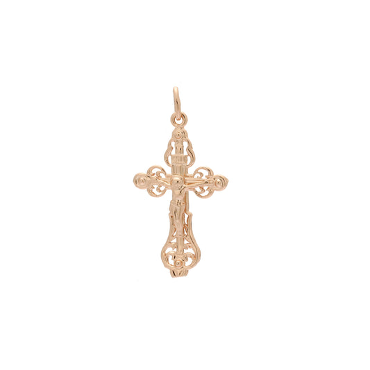 Pingente de cruz católica em ouro rosa e ouro branco