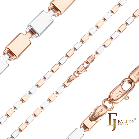 Удлиненные цепочки с необычными звеньями, покрытыми золотом 14 карат и двухцветным розовым золотом.