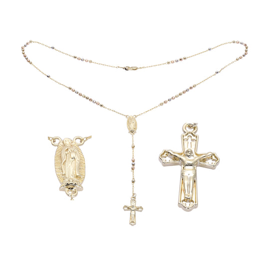Collar de Rosario de tres tonos de Oro 14K con la Virgen de Guadalupe y la Cruz italiana