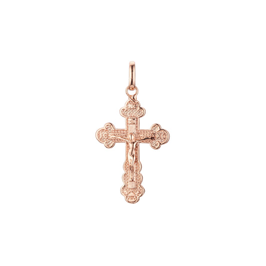 Pingente de cruz católica em ouro rosa e cores banhadas a ouro 14K