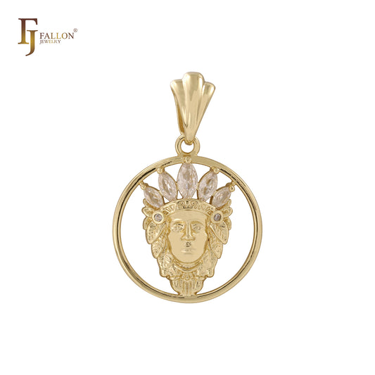 Colgante de joyería FJ Fallon con retrato de jefe indio circular de oro de 14 quilates