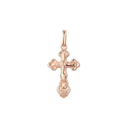 Pingente de cruz católica em ouro 14K, ouro rosa com dois tons de cores