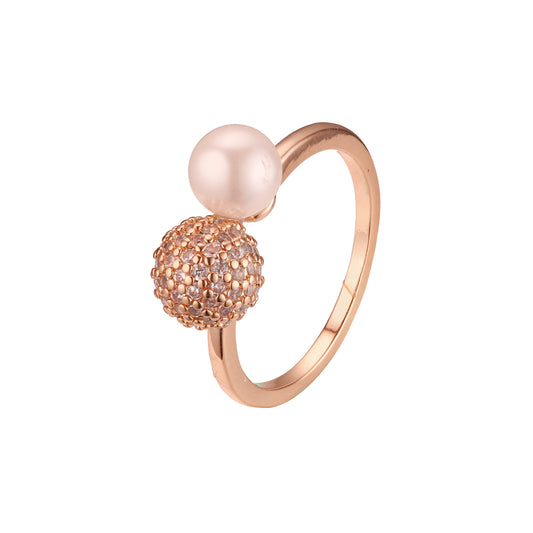时尚珍珠，白色 cz 玫瑰金球，14K 金戒指