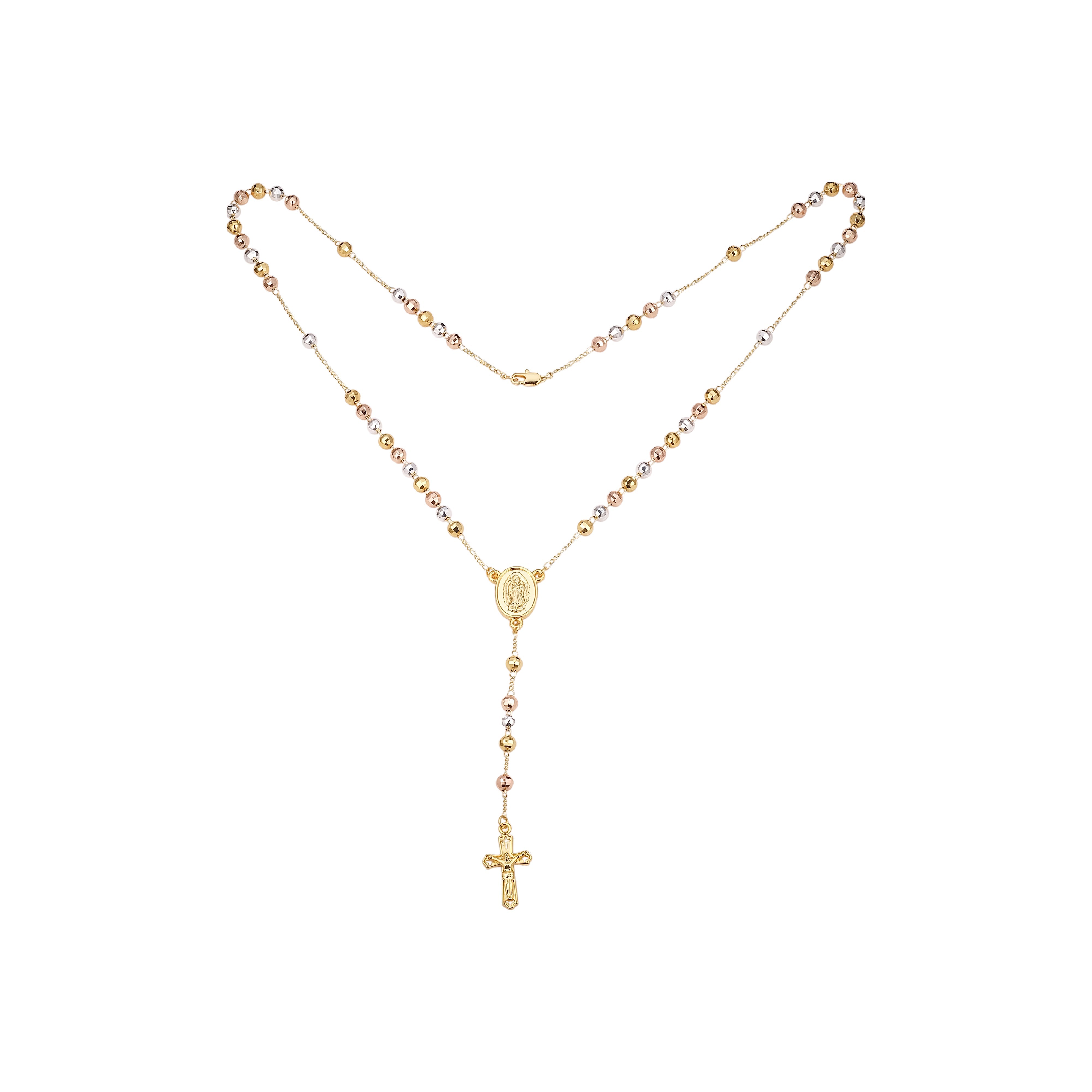 Collar de rosario de cuentas católicas de la Virgen de Guadalupe italiana chapado en oro blanco, Oro 14K, Oro 14K en dos tonos