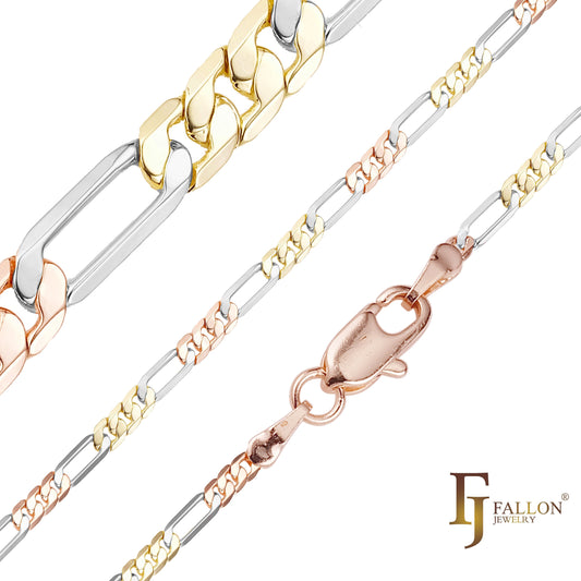 Классические трехцветные цепочки Figaro из золота 14 карат и розового золота