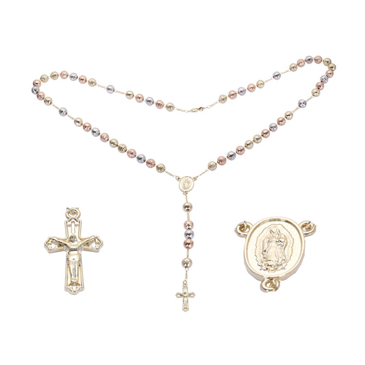 Collar de Rosario de tres tonos de Oro 14K con la Virgen de Guadalupe y la Cruz italiana de oro de 18 quilates