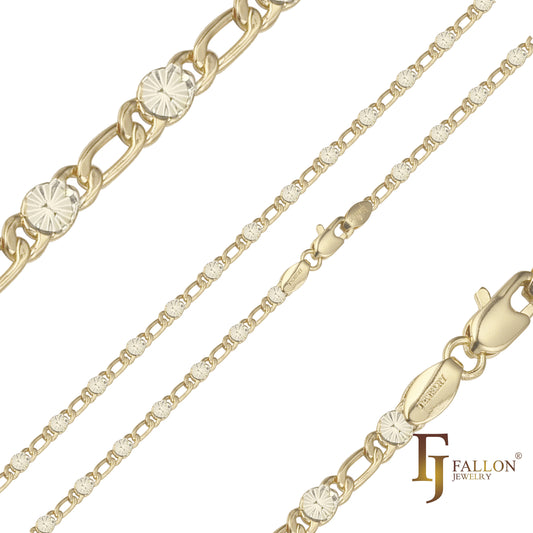 Figaro Fancy-Gliederketten mit gehämmertem Sonnenschliff, plattiert mit 14 Karat Gold, Roségold, zweifarbig