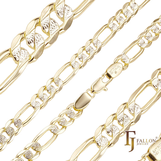 .Figaro 链节波纹锤打链条镀 14K 金、玫瑰金，两种色调