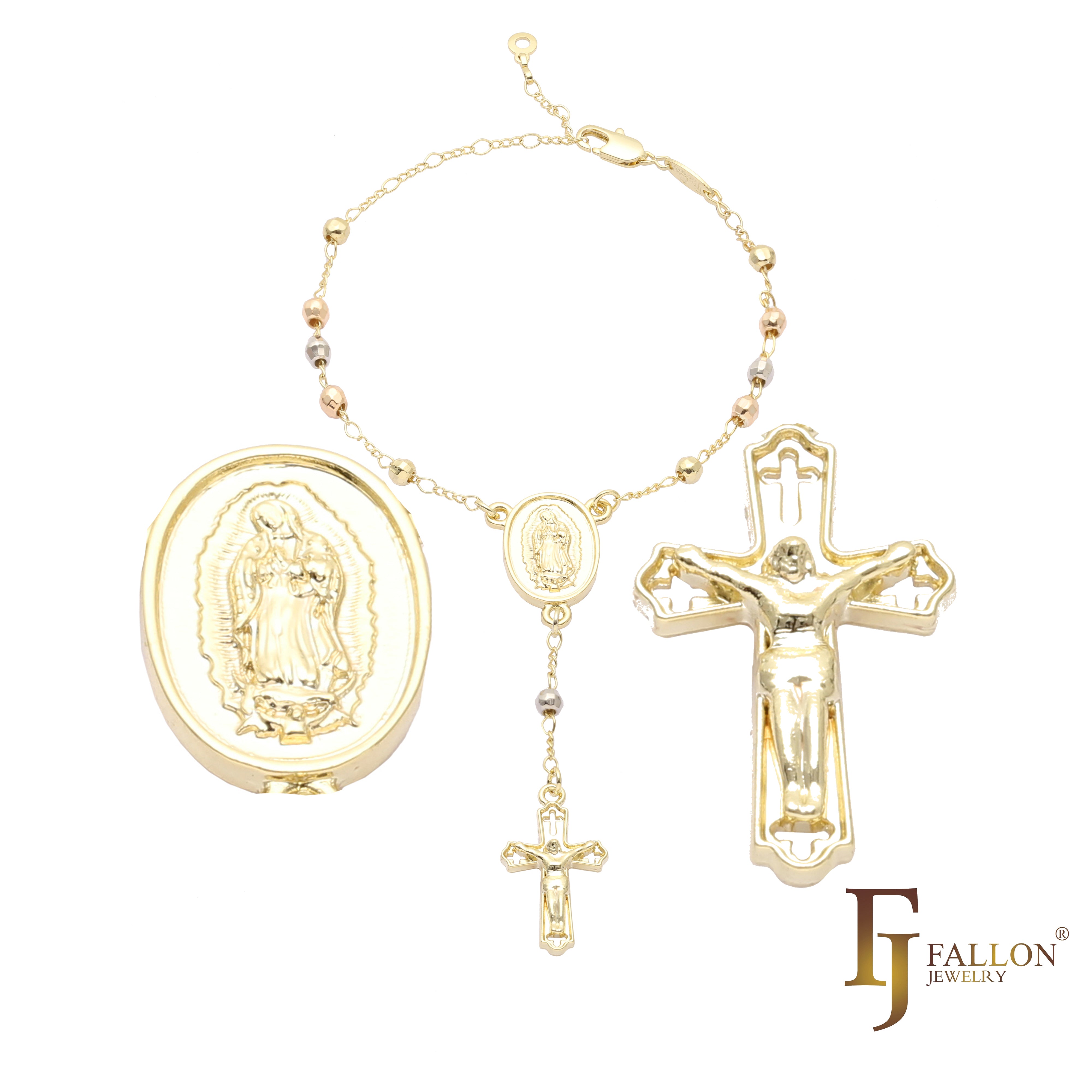 .Colgante Rosario Virgen de Guadalupe Italiana con cuentas católicas bañado en Oro 18K, Oro Blanco, Oro 14K, dos y tres tonos