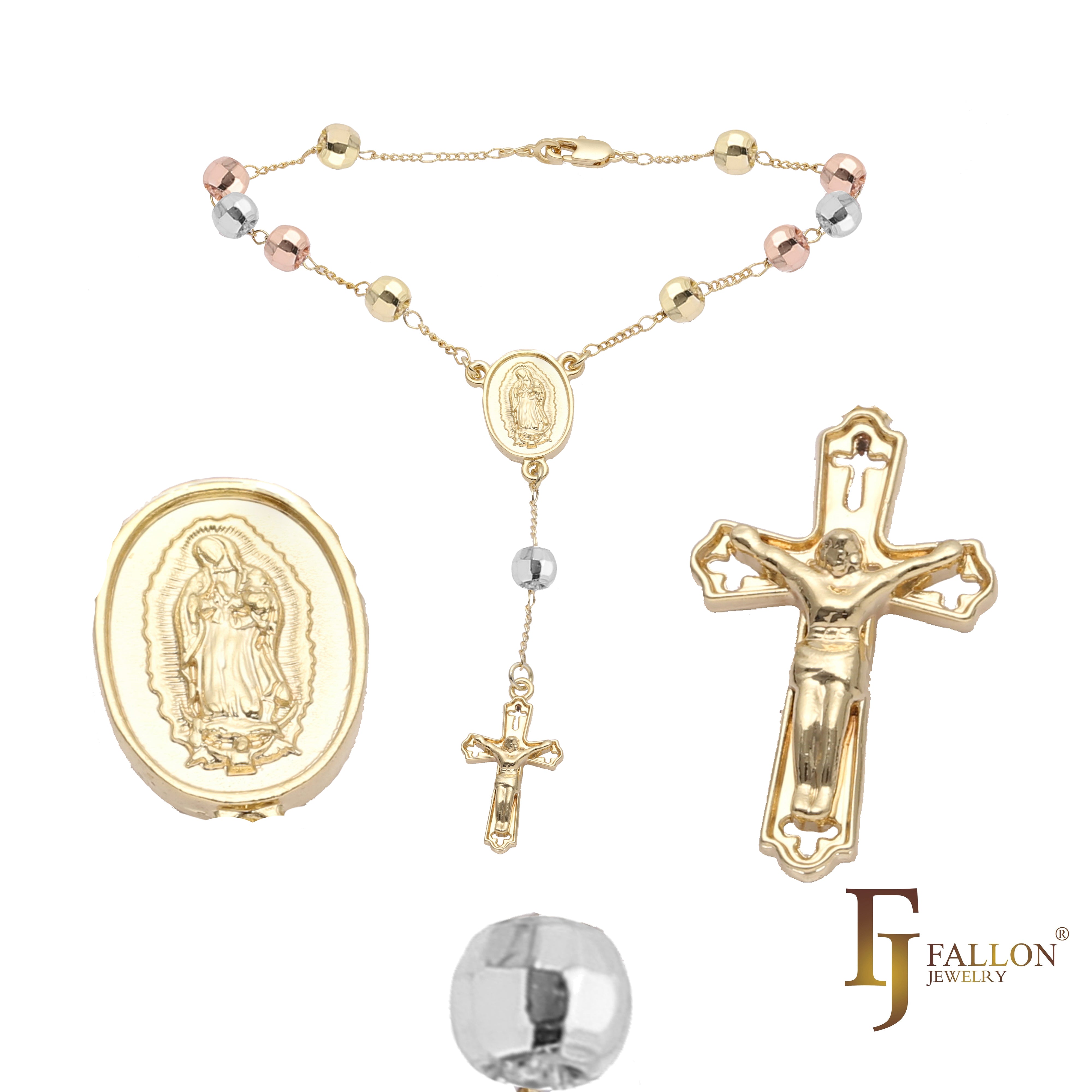 Virgem de Guadalupe Italiana Colar Rosário de contas católicas banhado a ouro branco, ouro 14K, ouro 14K dois tons