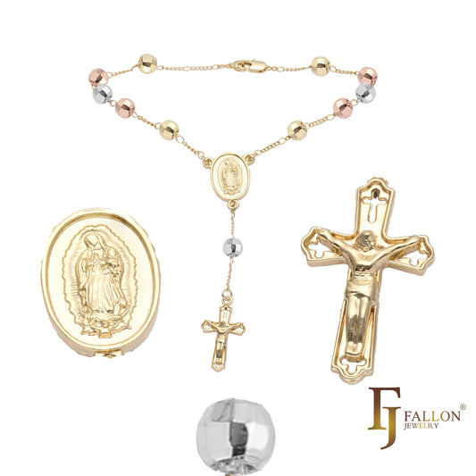 Italienische Jungfrau von Guadalupe, katholische Perlen-Rosenkranz-Halskette, vergoldet in Wei?gold, 14 K Gold, 14 K Gold zweifarbig