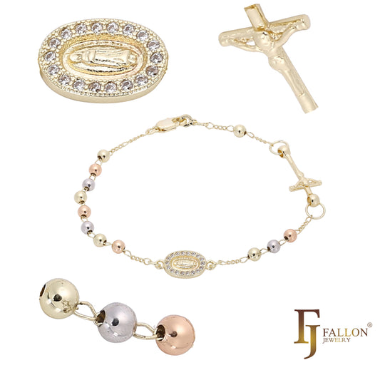 Итальянское католическое ожерелье с четками Девы Гваделупской, покрытое золотом 14 карат, двухцветное золото 18 карат