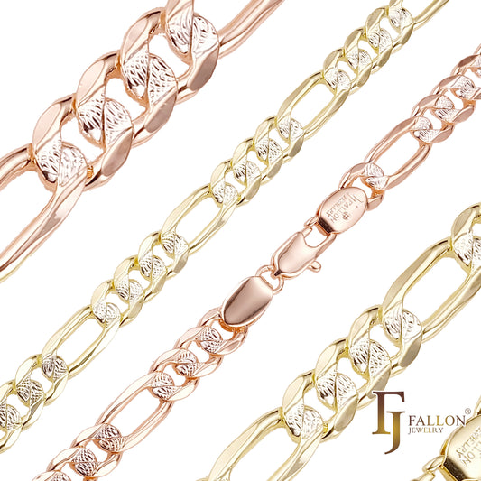 .Figaro 链节波纹锤打链条镀 14K 金、玫瑰金，两种色调