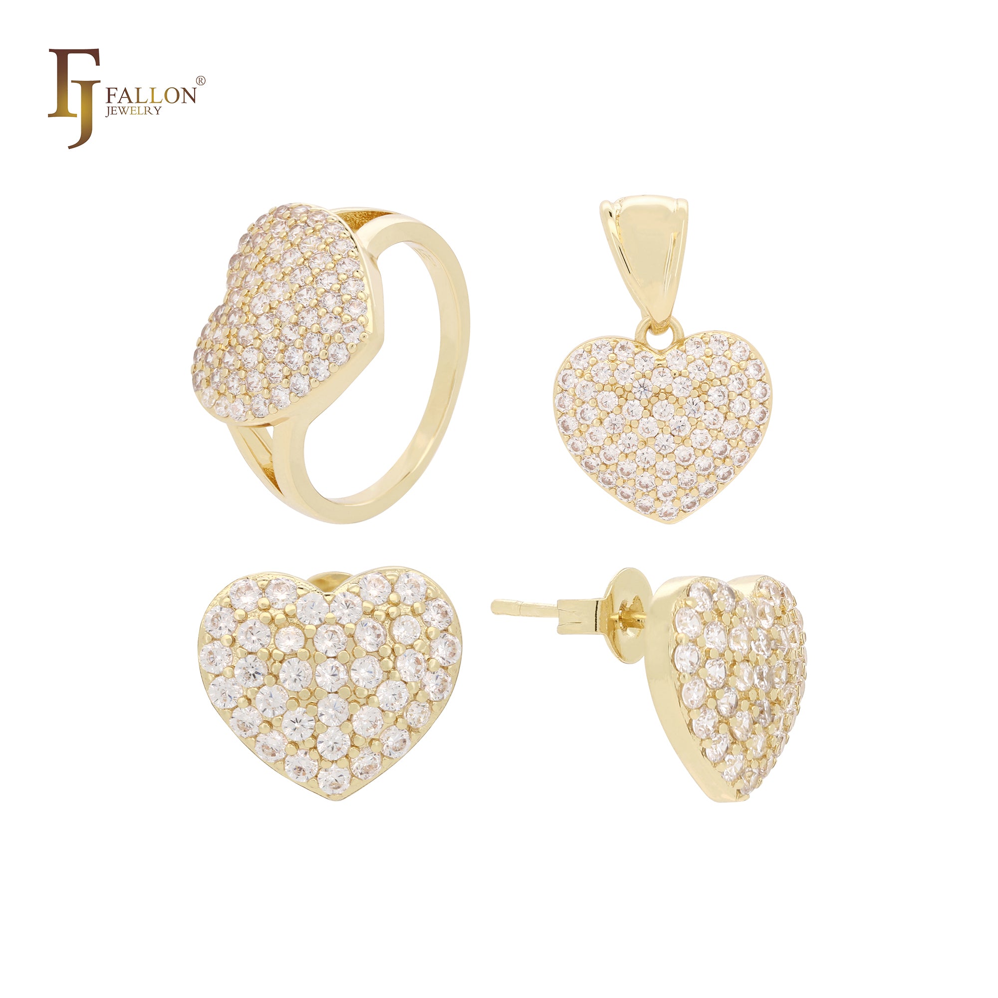 Cluster coração branco CZs conjunto de joias de ouro 14K com pingente e anéis
