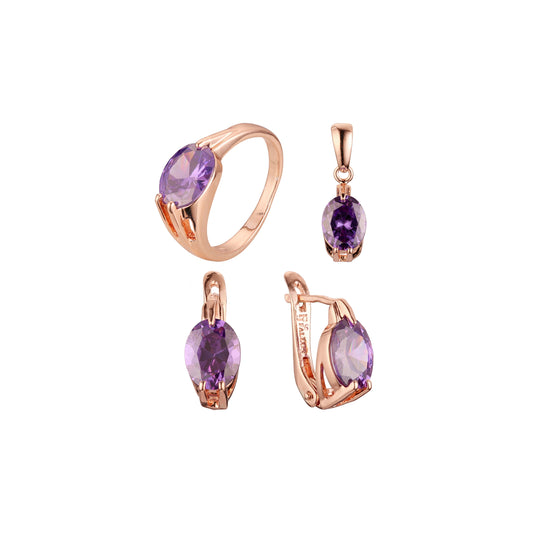单颗椭圆形浅紫色珠宝套装，镀 14K 金、玫瑰金