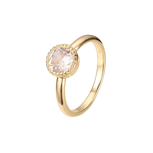 14K 金单颗圆形宝石戒指，带光环珠