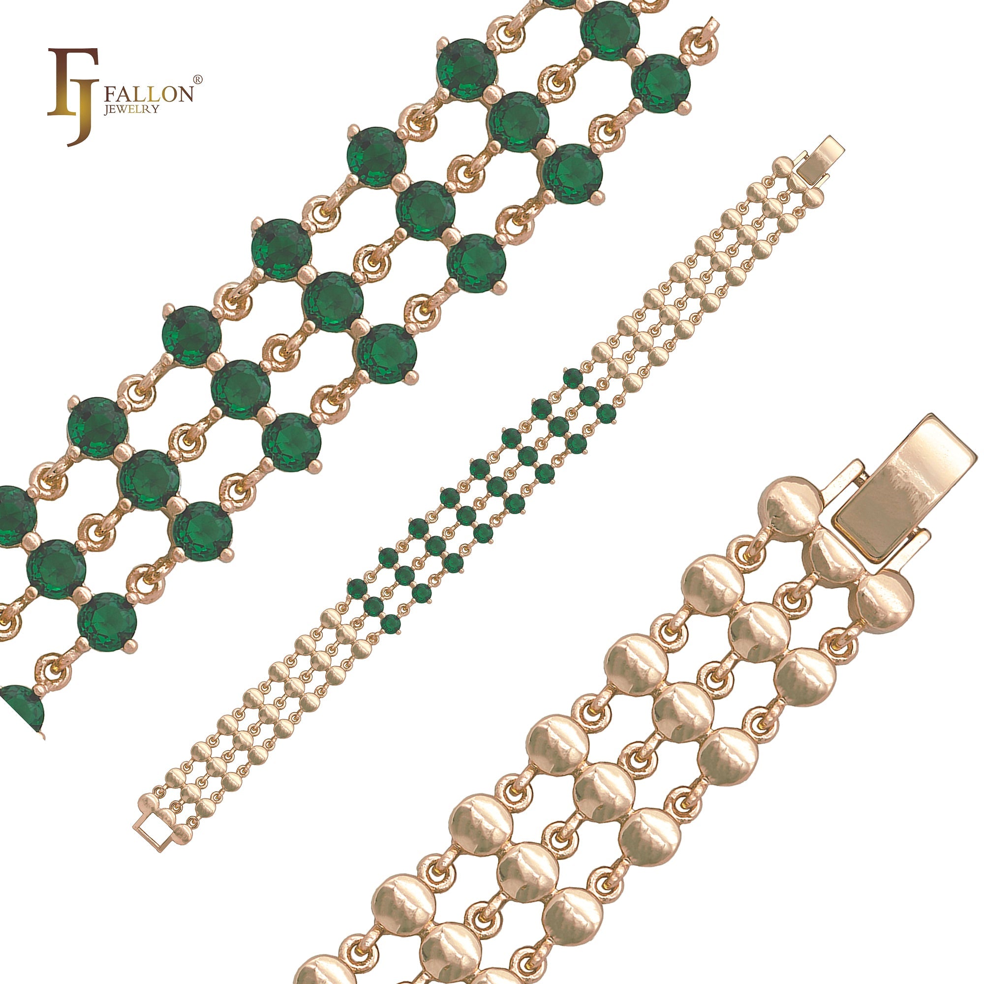New developing triple layer disc and CZs link Emerald mixed White CZs 14K Gold, Rose Gold, White Gold Bracelets