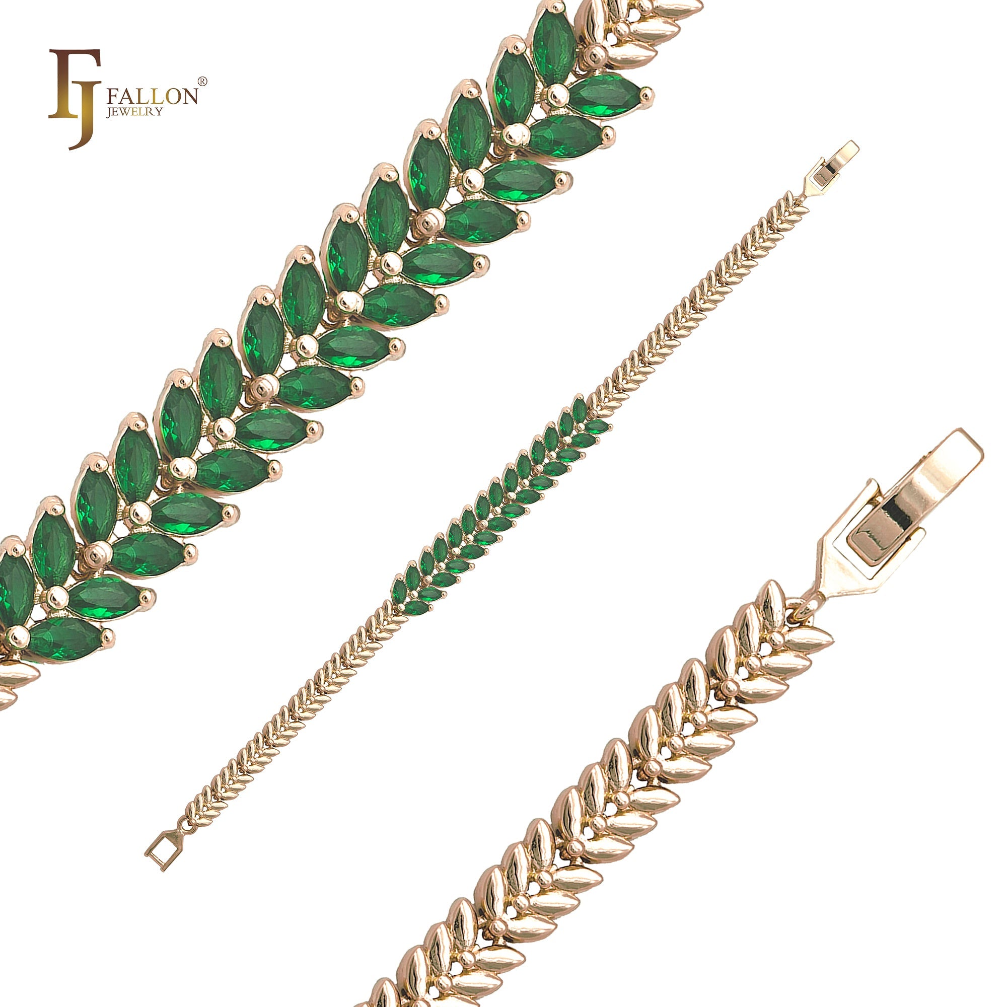 New developing double chevron wheat link Emerald mixed White CZs 14K Gold, Rose Gold, White Gold Bracelets