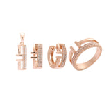 Conjunto de anéis e pingente em CZ branco pavimentado semi-aberto em ouro 14K, ouro rosa