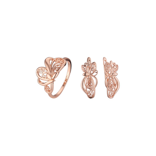 Conjunto de joyas de anillos de mariposa de filigrana renacentista de oro rosa