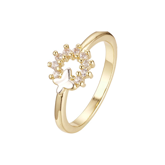 Borboleta brilhante e anéis de halo de cluster banhados em ouro 14K