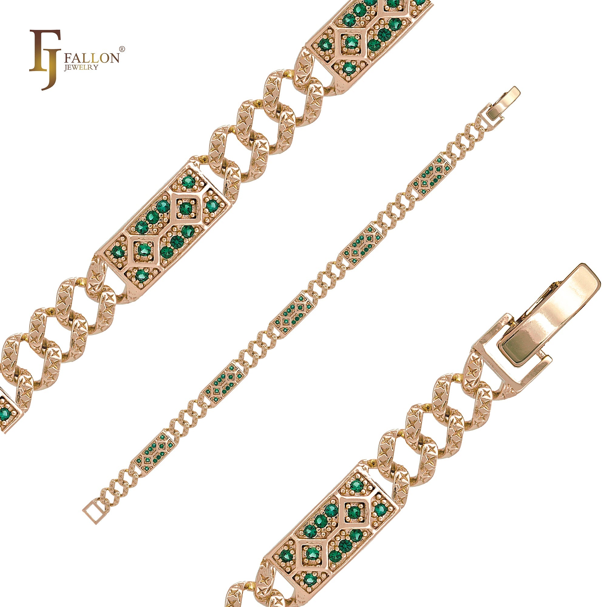 New developing Cross hammered cuban textutred link Emerald mixed White CZs 14K Gold, Rose Gold, White Gold Bracelets