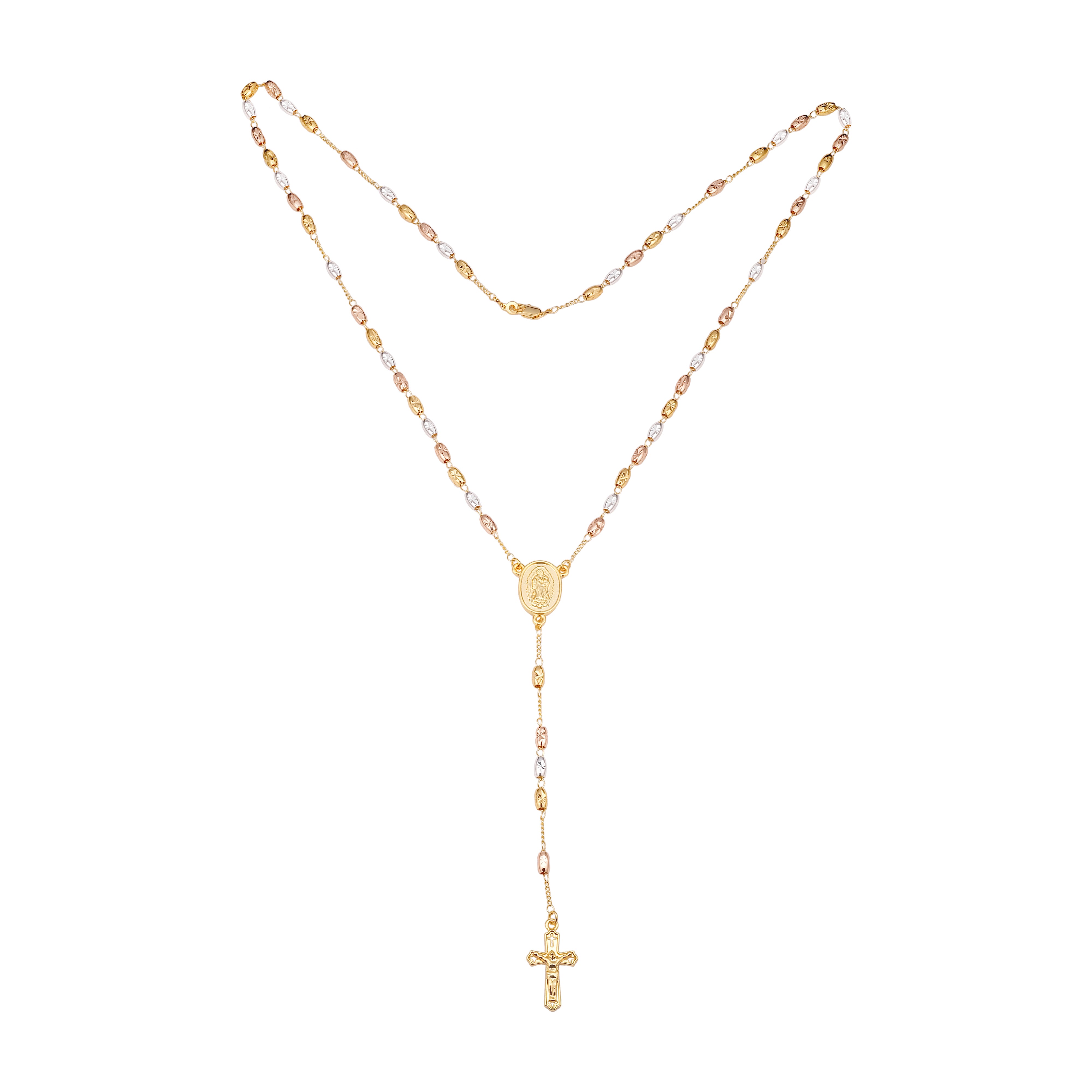 Итальянская Дева Гваделупская и крест из 18-каратного золота, трехцветное ожерелье с розарием