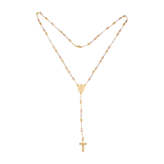 Collar de Rosario de tres tonos de oro de 18 quilates con la Virgen de Guadalupe y la Cruz italiana