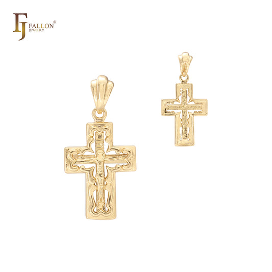 Cruz dupla de crucifixo em ouro 14K, ouro rosa, pingente de cruz em ouro branco